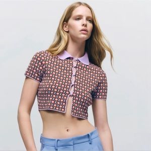 NWT Zara Geometric Jacquard Knit Cropped Polo Shirt Lilac